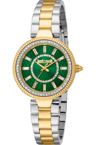 Front view of Just Cavalli Glam Chic JC1L308 Ostentatious JC1L308M0095 Green Dial Grey Stainless Steel Womens Watch on white background