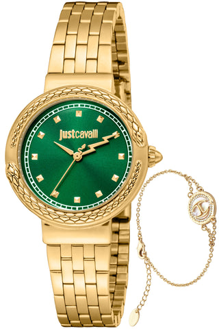 Front view of Just Cavalli SET JC1L311 Brave Snake JC1L311M0035 Green Dial Gold Stainless Steel Womens Watch on white background