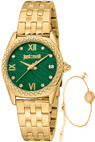 Front view of Just Cavalli SET JC1L312 Indomitable Animalier JC1L312M0075 Green Dial Gold Stainless Steel Womens Watch on white background