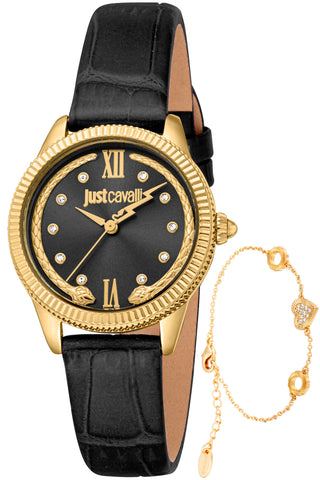 Front view of Just Cavalli SET JC1L315 Lovestruck Valentines JC1L315L0025 Black Leather Womens Watch on white background