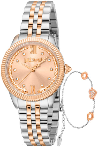 Front view of Just Cavalli SET JC1L315 Lovestruck Valentines JC1L315M0095 Rose Gold Dial Grey Stainless Steel Womens Watch on white background