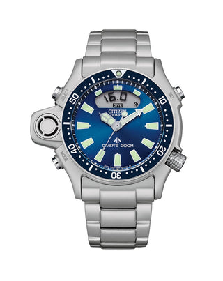 Front view of Citizen Quartz Promaster JP2000-67L Blue Dial Grey Stainless Steel Mens Watch on white background