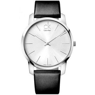 Front view of Calvin Klein City K2G231C6 Silver Dial Black Leather Womens Watch on white background