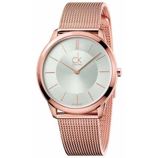 Front view of Calvin Klein Minimal K3M21626 Silver Dial Rose Gold Stainless Steel Mens Watch on white background