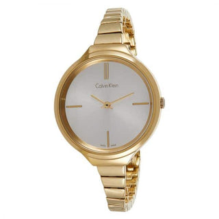 Front view of Calvin Klein Lively K4U23526 White Dial Gold Stainless Steel Womens Watch on white background