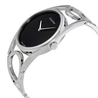 Angle shot of Calvin Klein Round K5U2S141 Black Dial Grey Stainless Steel Womens Watch on white background