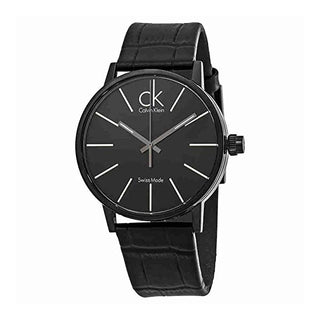 Front view of Calvin Klein Post Minimal K7621401 Black Leather Mens Watch on white background