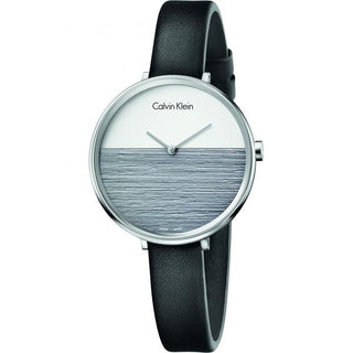 Front view of Calvin Klein Rise K7A231C3 Grey Dial Black Leather Womens Watch on white background