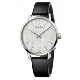 Front view of Calvin Klein Even K7B211C6 Silver Dial Black Leather Womens Watch on white background