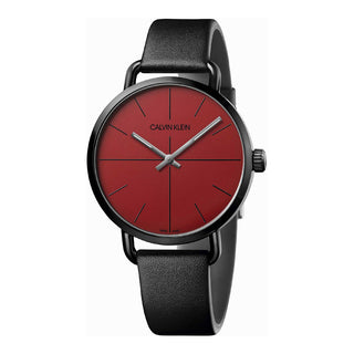 Front view of Calvin Klein Even K7B214CP Red Dial Black Leather Mens Watch on white background