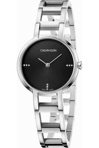 Front view of Calvin Klein Cheers Chronograph K8N2314S Black Dial Grey Stainless Steel Womens Watch on white background