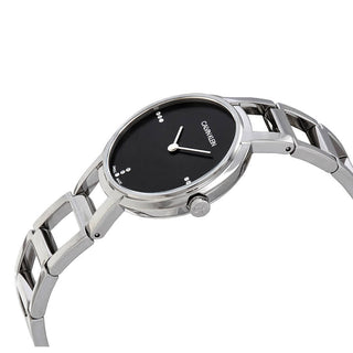 Angle shot of Calvin Klein Cheers Chronograph K8N2314S Black Dial Grey Stainless Steel Womens Watch on white background