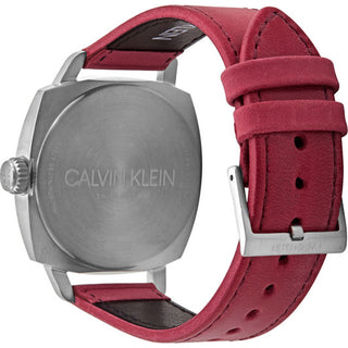 Angle shot of Calvin Klein Fraternity K9N111ZN Blue Dial Leather Unisex Watch on white background