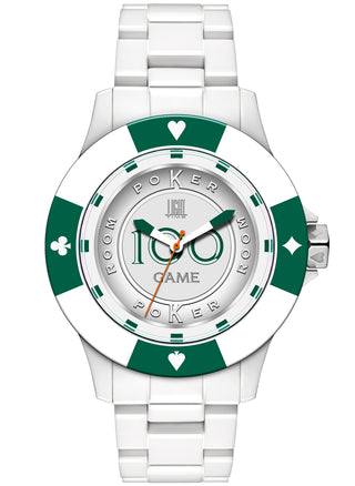 Front view of Light Time Poker White / Green L147D Mens Watch on white background