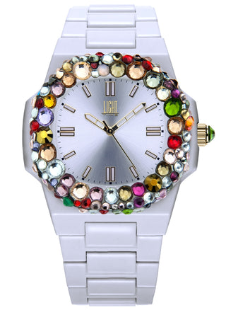 Front view of Light Time Velvet Nautilus White Rainbow Strass L512-BI-2 Womens Watch on white background