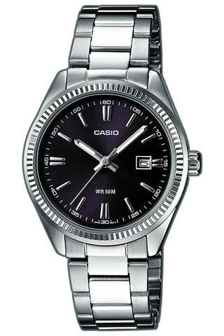 Front view of Casio Collection LTP-1302D-1A1 Black Dial Grey Stainless Steel Womens Watch on white background