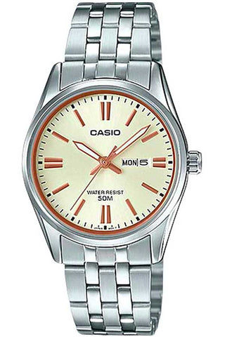 Front view of Casio Collection LTP-1335D-9A Grey Stainless Steel Womens Watch on white background