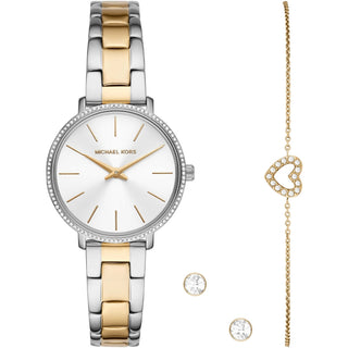 Front view of Michael Kors Pyper Special Pack + Bracelet + Earrings MK1041 Womens Watch on white background