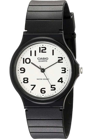 Front view of Casio Collection MQ-24-7B2 White Dial Black Resin Mens Watch on white background