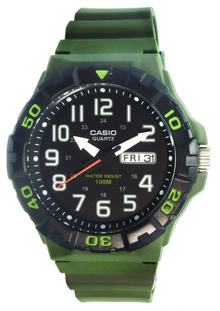 Front view of Casio Collection MRW-210H-3A Black Dial Green Resin Mens Watch on white background