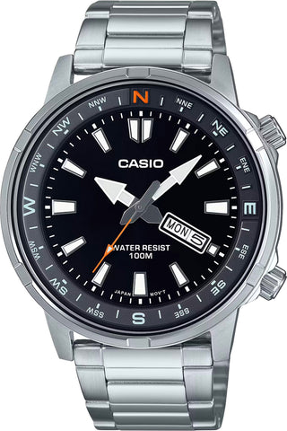 Front view of Casio Collection MTD-130D-1A4 Black Dial Grey Stainless Steel Mens Watch on white background