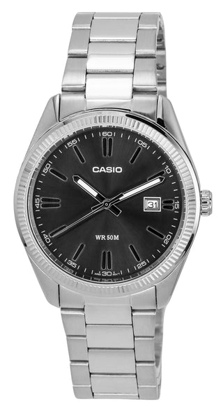 Front view of Casio Collection MTP-1302D-1A1 Black Dial Grey Stainless Steel Mens Watch on white background