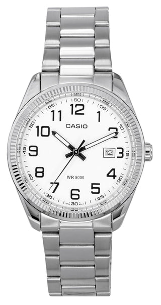 Front view of Casio Collection MTP-1302D-7B White Dial Grey Stainless Steel Mens Watch on white background