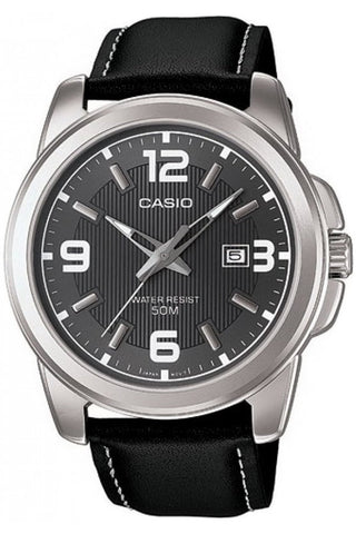 Front view of Casio Collection MTP-1314L-8A Grey Dial Black Leather Mens Watch on white background