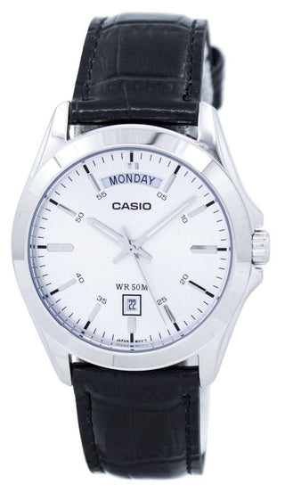 Front view of Casio Day Date Black Leater White MTP-1370L-7AVDF Leather Mens Watch on white background