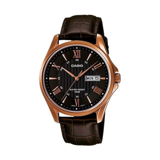 Front view of Casio Collection MTP-1384L-1AVEF Black Dial Brown Leather Mens Watch on white background