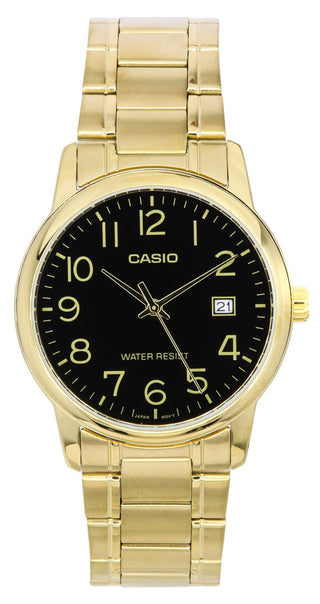 Front view of Casio Collection MTP-V002G-1B Black Dial Gold Stainless Steel Mens Watch on white background