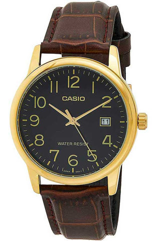 Front view of Casio Collection MTP-V002GL-1B Black Dial Brown Leather Mens Watch on white background