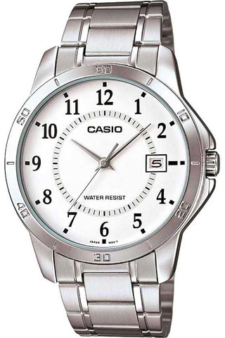 Front view of Casio Collection MTP-V004D-7B White Dial Grey Stainless Steel Mens Watch on white background