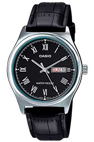 Front view of Casio Collection MTP-V006L-1B Black Leather Mens Watch on white background