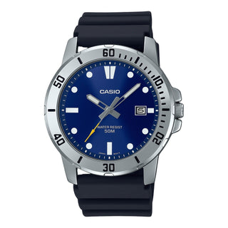 Front view of Casio Collection MTP-VD01-2E Blue Rubber Mens Watch on white background