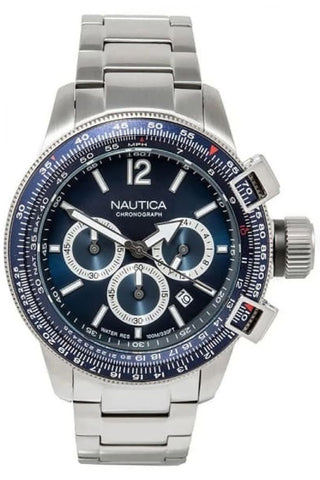 Front view of Nautica Chronograph NAPBFCF02 Blue Dial Grey Stainless Steel Mens Watch on white background