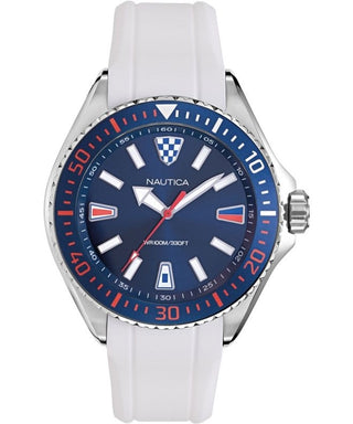 Front view of Nautica NAPCPS902 Blue Dial White Rubber Mens Watch on white background