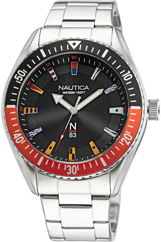 Front view of Nautica Chronograph NAPFWF017 Black Dial Grey Stainless Steel Mens Watch on white background