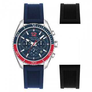 Angle shot of Nautica Chronograph NAPKBF020 Black Dial Blue Rubber Mens Watch on white background