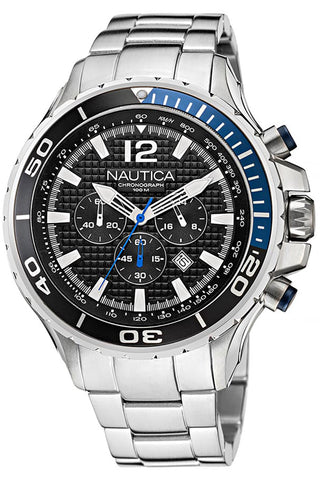 Front view of Nautica Chronograph NAPNSTF14 Black Dial Grey Stainless Steel Mens Watch on white background