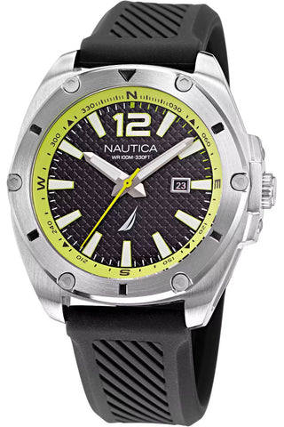 Front view of Nautica Chronograph NAPTCS222 Green Dial Black Rubber Mens Watch on white background