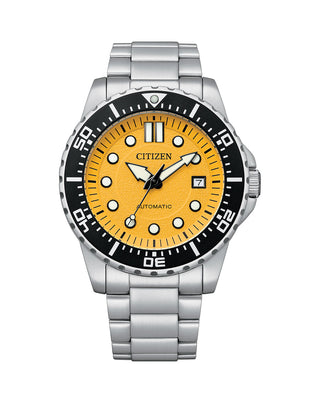 Front view of Citizen Classic Automatic Yellow NJ0170-83Z Mens Watch on white background