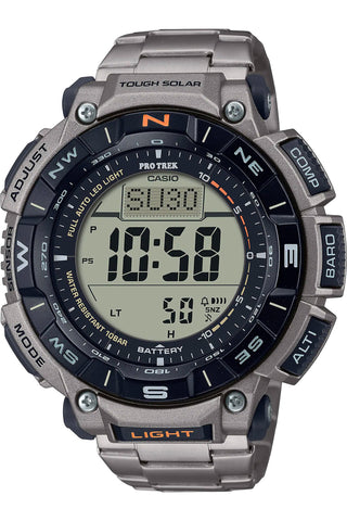 Front view of Casio Pro-Trek PRG-340T-7ER Black Dial Grey Titanium Mens Watch on white background