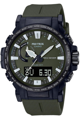 Front view of Casio Pro-Trek PRW-61Y-3ER Green Resin Mens Watch on white background