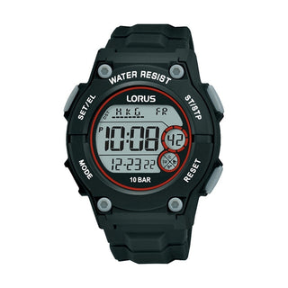 Front view of Lorus Sports R2329PX9 Black Rubber Unisex Watch on white background