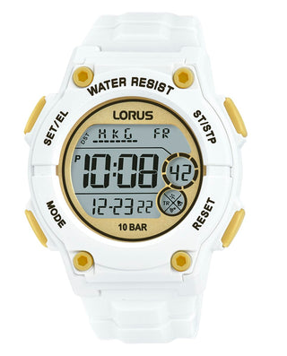 Angle shot of Lorus Sports R2337PX9 Gold Dial White Rubber Unisex Watch on white background