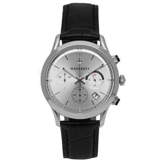 Front view of Maserati Ricordo R8871633001 Silver Dial Black Leather Mens Watch on white background