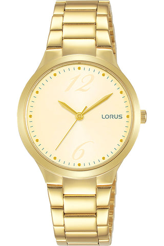 Front view of Lorus Lady RG208UX9 Gold Stainless Steel Womens Watch on white background