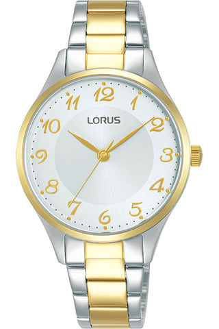 Front view of Lorus Lady RG270VX9 Grey Dial Gold Stainless Steel Womens Watch on white background