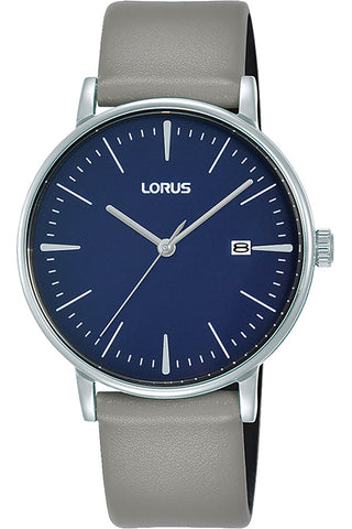 Front view of Lorus Classic RH997NX9 Blue Dial Grey Leather Unisex Watch on white background